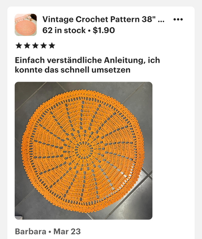 Vintage Crochet Pattern 38" Round Lacy Circle Wheel Rug PDF Instant Digital Download Bedroom or Bathroom Area Rug 10 Ply