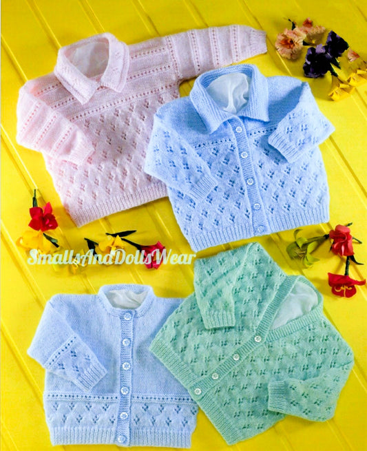 Vintage Knitting Pattern Baby Eyelet Diamonds Cardigan Sweaters Jumpers 4 Styles PDF Instant Digital Download Preemie - 2 yrs 4 Ply