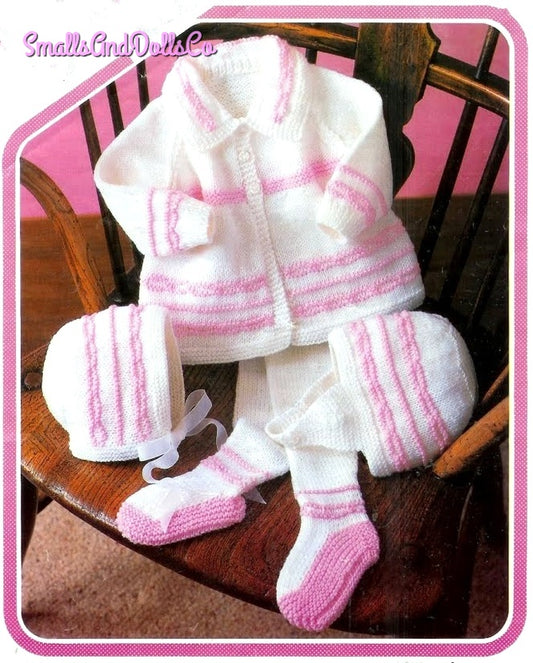 Vintage Knitting Pattern Baby Girl Coat Leggings Bonnet Hat Set PDF Instant Digital Download Sweet Girly Design 6m-2 yrs DK