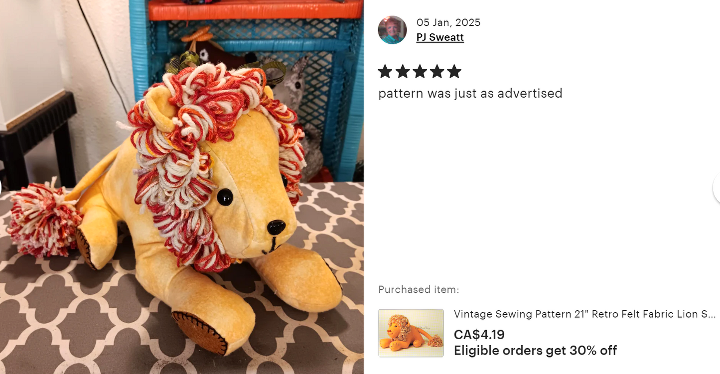 Vintage Sewing Pattern 21" Retro Felt Fabric Lion Soft Sculpture Plush Toy Loopy Yarn Mane PDF Instant Digital Download Jungle Animal Doll