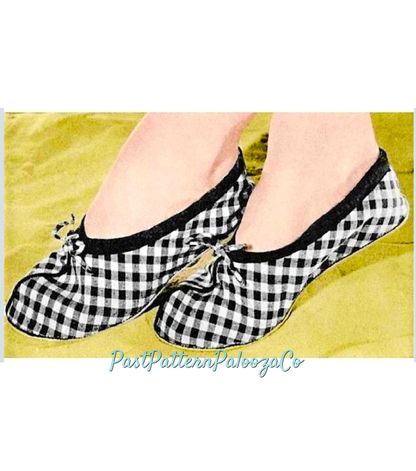 Vintage Sewing Pattern Pretty Womens Gingham Ballet House Slippers PDF Instant Digital Download Slip On Flats One Size