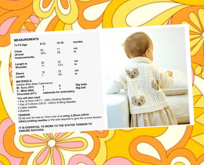 Vintage Knitting Pattern Baby Teddy Bear Squares Cardigan Sweater PDF Instant Digital Download Moss Stitch Cable Block Jacket 6-18m 5 Ply