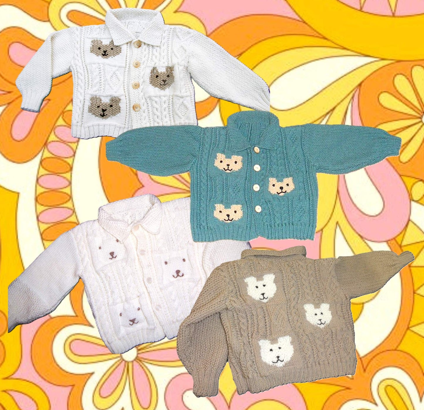 Vintage Knitting Pattern Baby Teddy Bear Squares Cardigan Sweater PDF Instant Digital Download Moss Stitch Cable Block Jacket 6-18m 5 Ply