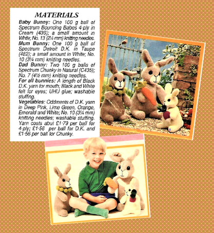 Vintage Knitting Pattern Bunny Family and Their Veggies PDF Instant Digital Download Knitted Mom Dad Baby Rabbits Bunnies Soft Toy Dolls