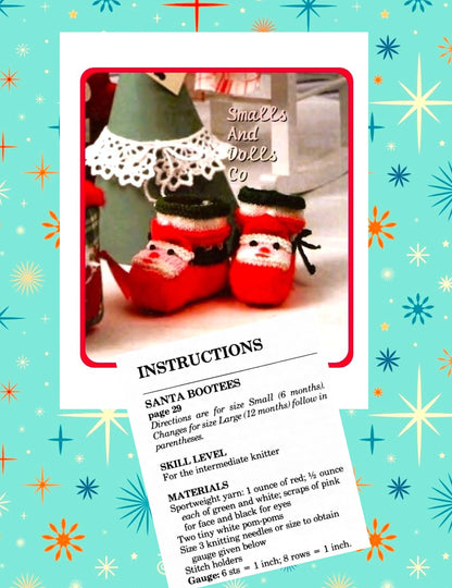Vintage Knitting Pattern Christmas Santa Face Baby Booties Bootees PDF Instant Download Cute Holiday Baby Shoes 6m 12m 5 Ply