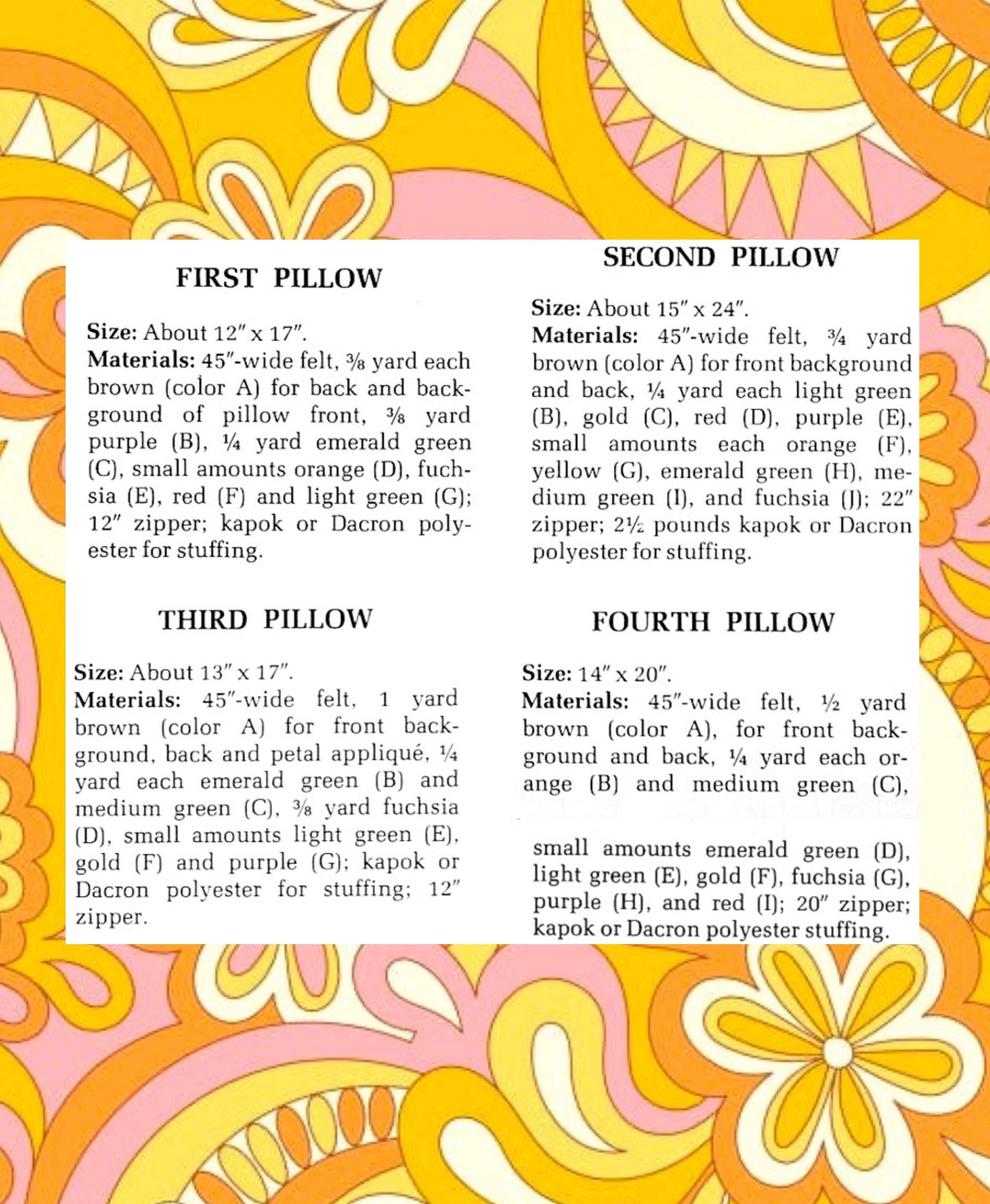 Vintage Sewing Pattern Felt Fabric Flower Power Applique Pillows 4 Designs PDF Instant Digital Download Retro Funky Boho Mod Groovy Cushions