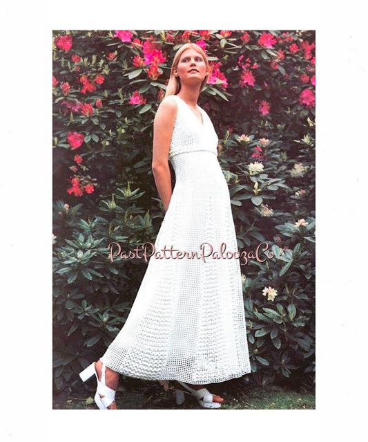 Vintage Crochet Pattern Womens Summer Mesh Maxi Dress Empire Waist PDF Instant Digital Download 70s Boho Sleeveless Gown Printable