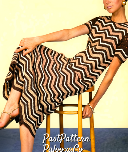 Vintage Crochet Pattern Womens Chevron Striped Mini Midi or Maxi Dress PDF Instant Digital Download Zig Zags Design 5 Ply