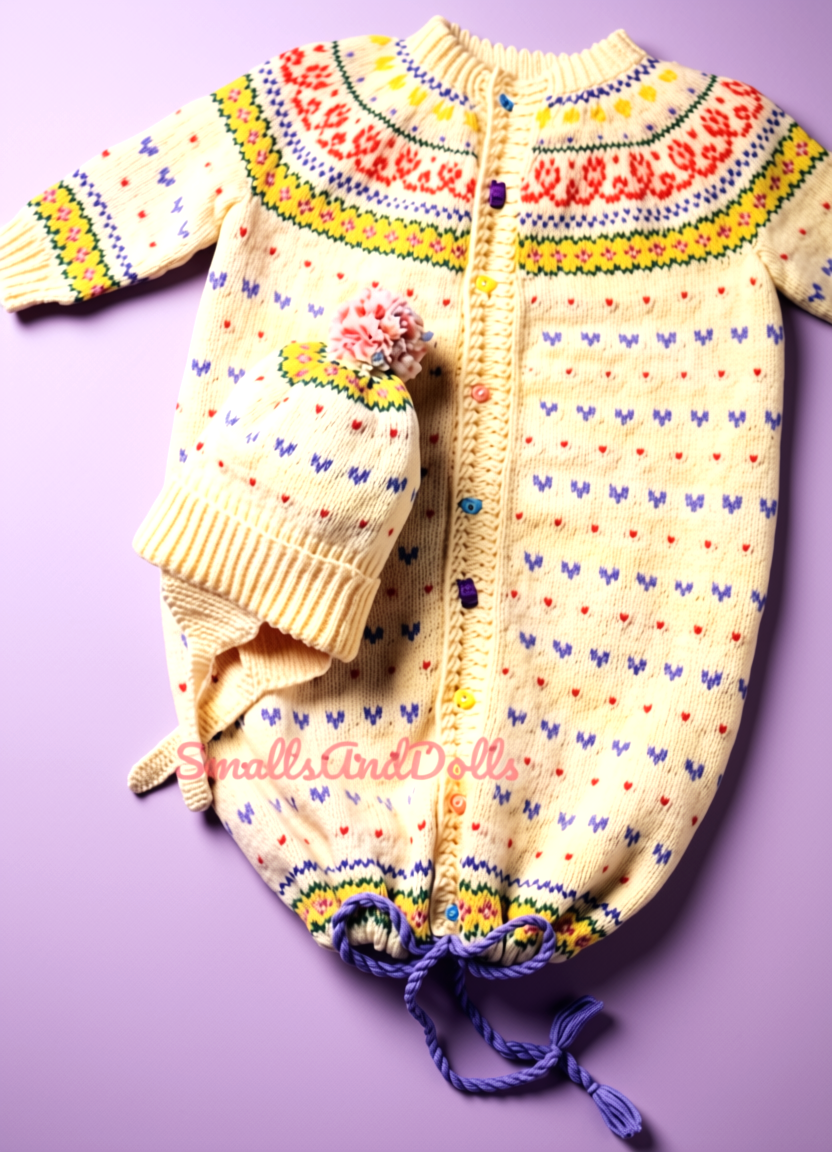 Vintage Knitting Pattern Knit Fair Isle Baby Bunting Sleeping Bag with Pompom Hat PDF Instant Digital Download 0-6m 5 Ply