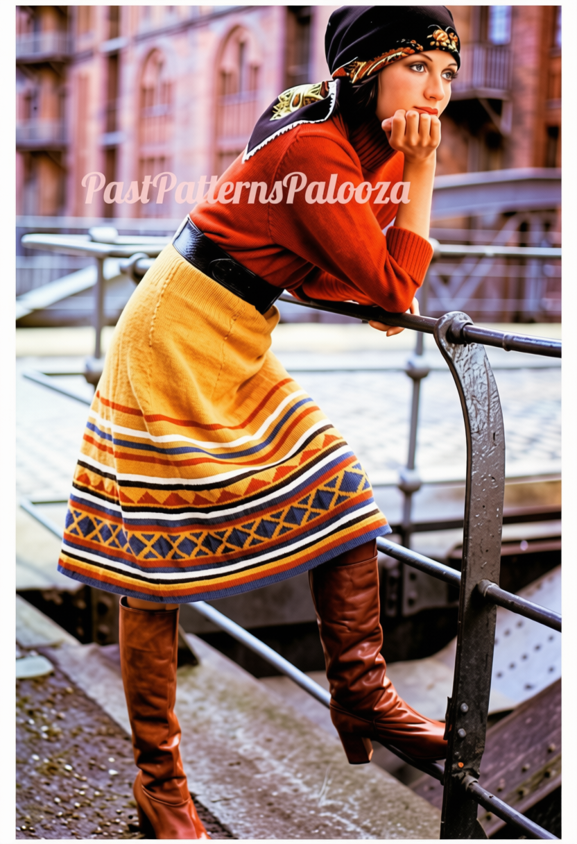 Vintage Knitting Pattern Womens Stripes Diamonds Triangles Aztec Skirt PDF Instant Digital Download Circular Knitting Needle