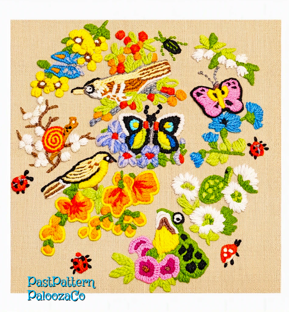 Vintage Crewel Embroidery Pattern Spring Garden Animals Flower Blossoms Birds Bugs  PDF Instant Digital Download