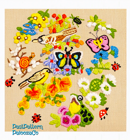 Vintage Crewel Embroidery Pattern Spring Garden Animals Flower Blossoms Birds Bugs  PDF Instant Digital Download