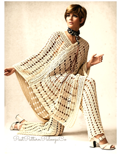 Vintage Crochet Pattern Womens Lacy Poncho and Pants Outfit Set PDF Instant Digital Download 1970s Bohemian Boho Hippie Chic 12 Ply