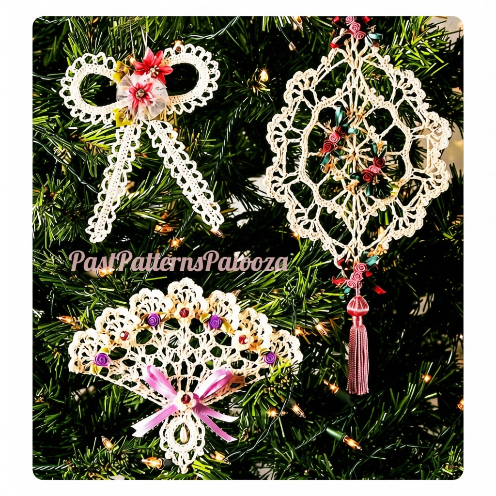 Vintage Crochet Thread Pattern 3 Beautiful Victorian Keepsake Lace Christmas Tree Ornaments Bow Fan Suncatcher PDF Instant Digital Download