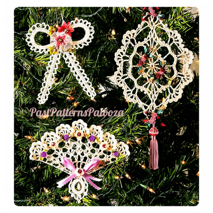 Vintage Crochet Thread Pattern 3 Beautiful Victorian Keepsake Lace Christmas Tree Ornaments Bow Fan Suncatcher PDF Instant Digital Download
