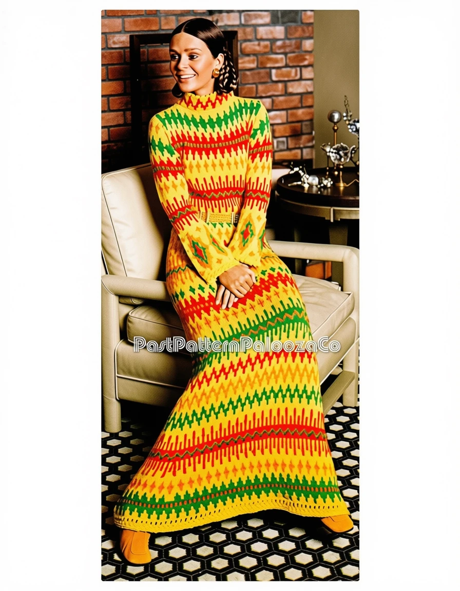 Vintage Knitting Pattern Womens Fireside Jacquard Maxi Dress PDF Instant Digital Download Boho Retro 70s Groovy Gown
