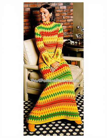 Vintage Knitting Pattern Womens Fireside Jacquard Maxi Dress PDF Instant Digital Download Boho Retro 70s Groovy Gown