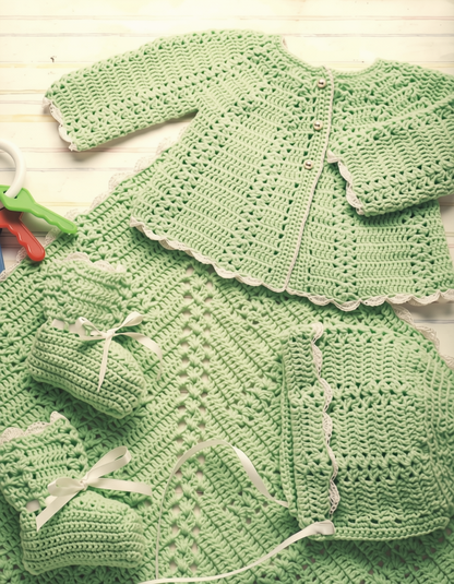 Vintage Crochet Pattern Classic Shell Stitch Heirloom Layette Set Dress Bonnet Booties Blanket PDF Instant Digital Download 0-6m DK 1970s