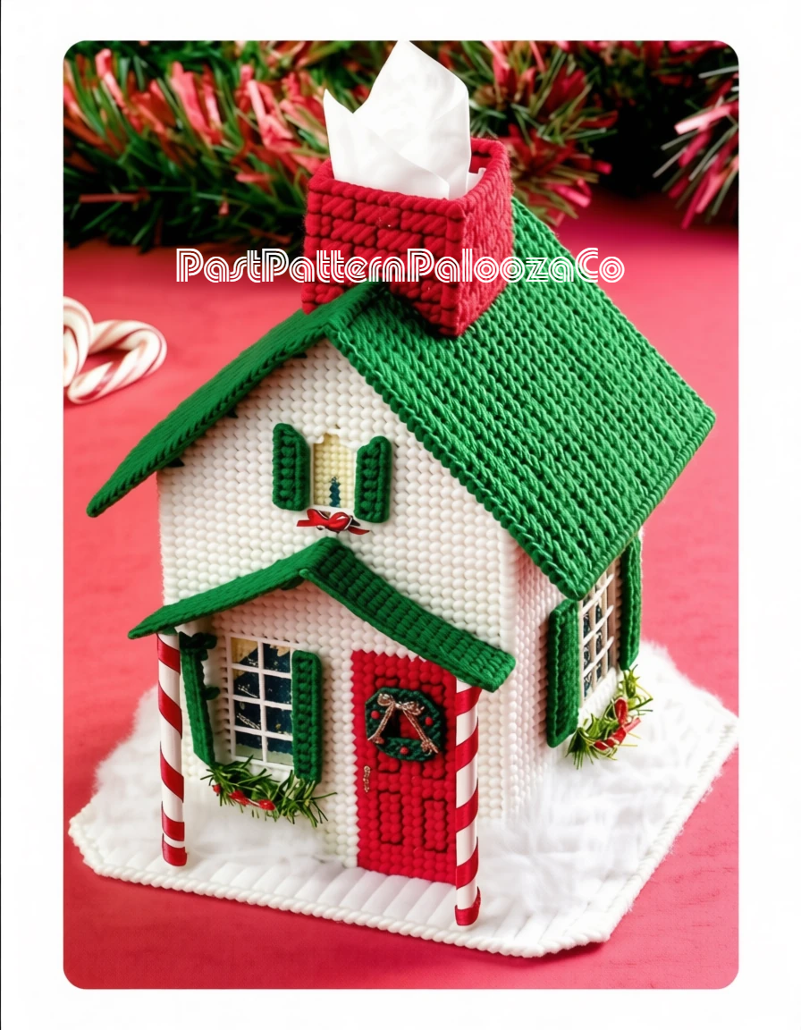 Vintage Plastic Canvas Pattern Festive Christmas House Boutique Tissue Box Cover Topper PDF Instant Digital Download 7 Count
