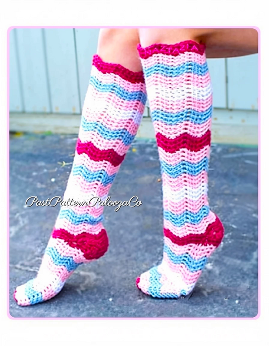 Vintage Crochet Pattern Retro Chevron Ripple Knee Socks PDF Instant Digital Download Groovy Womens Hippie Boho Chic Knee Highs 10 Ply