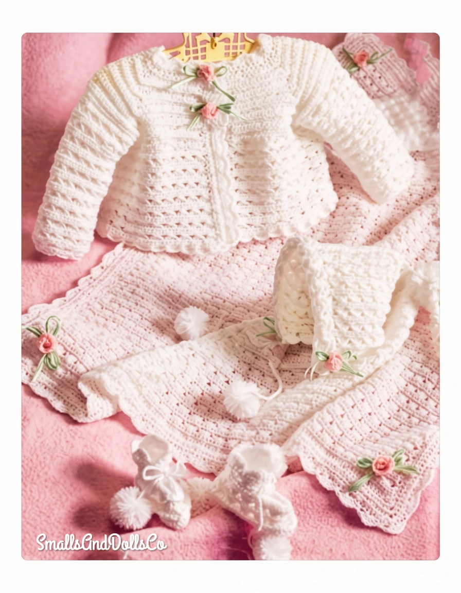 Vintage Crochet Pattern Baby Girls Little Cherub Ribbons Roses Layette PDF Instant Digital Download Sweater Bonnet Booties Afghan 3-6m 4 Ply