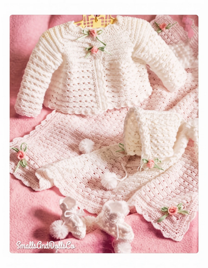 Vintage Crochet Pattern Baby Girls Little Cherub Ribbons Roses Layette PDF Instant Digital Download Sweater Bonnet Booties Afghan 3-6m 4 Ply