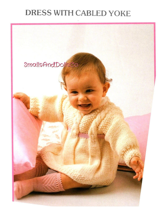 Vintage Knitting Pattern Baby to Toddler Girl Dress With Cabled Yoke PDF Instant Digital Download Sleeveless 9 Months - 2 Years 12 Ply
