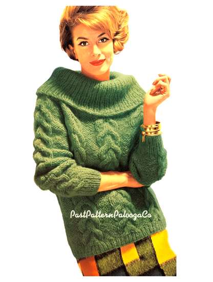 Vintage Knitting Pattern Womens Chunky Cable Knit Sweater PDF Instant Digital Download Retro Groovy Mod Boho Chic Cowl Neck Jumper 12 Ply