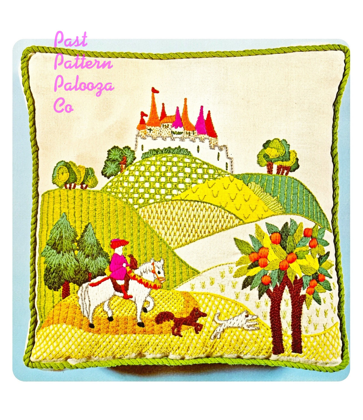 Vintage Crewel Embroidery Pattern Romance Revisited Knight With Dogs Medieval Castle Hillside Scene Stitchery PDF Instant Digital Download