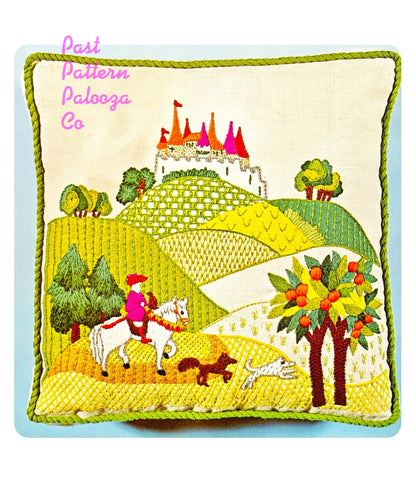 Vintage Crewel Embroidery Pattern Romance Revisited Knight With Dogs Medieval Castle Hillside Scene Stitchery PDF Instant Digital Download