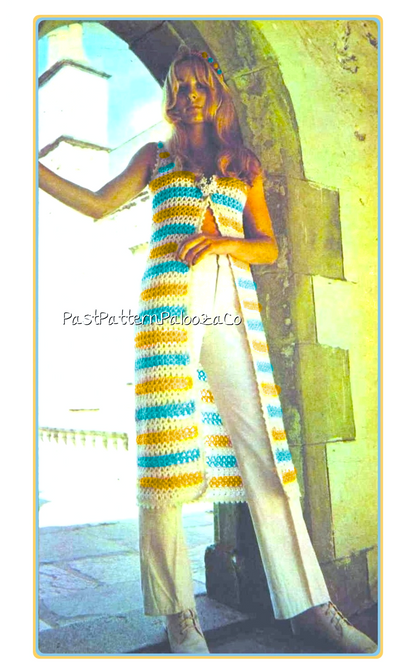 Vintage Crochet Pattern Womens Long Striped Maxi Swing Vest  PDF Instant Digital Download Groovy 70s Beachy Boho Waistcoat DK