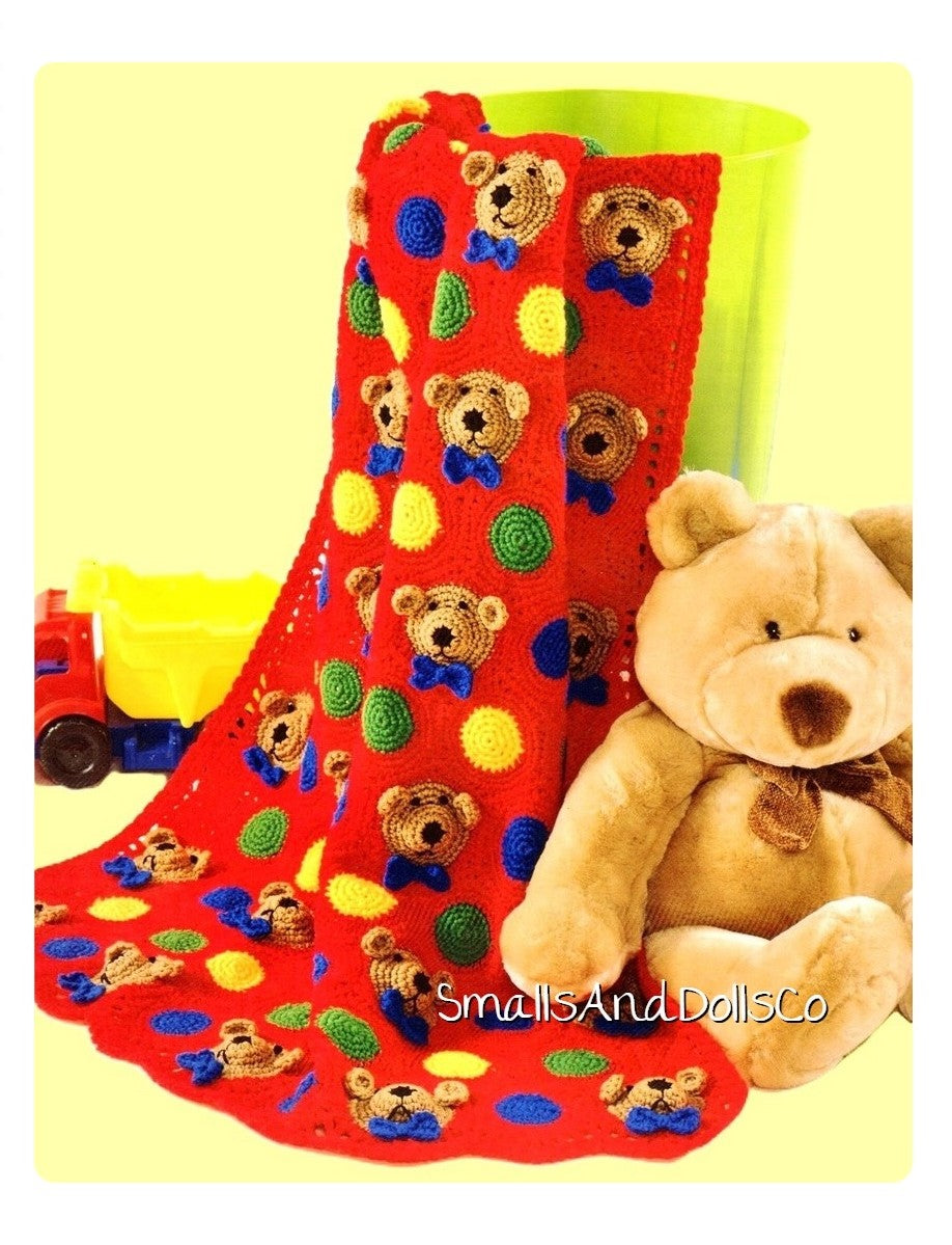 Vintage Crochet Pattern Teddy Bear Faces Motifs Afghan PDF Instant Digital Download Bears & Dots Throw Blanket 43x60 10 Ply