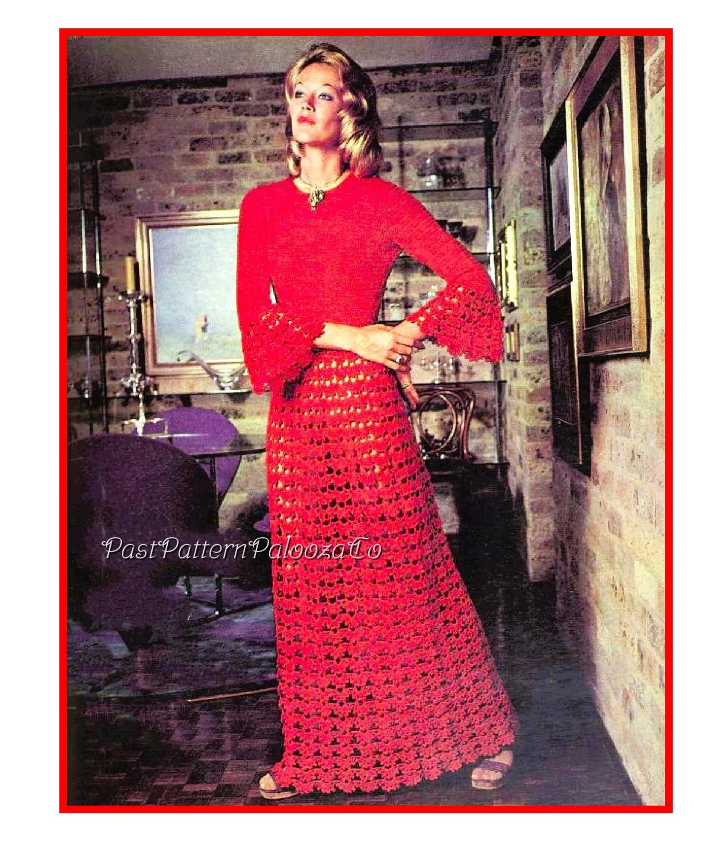 Vintage Crochet Pattern Womens Lacy Romantic Gala Maxi Dress PDF Instant Digital Download Long Elegant Party or Wedding Gown Bell Sleeves