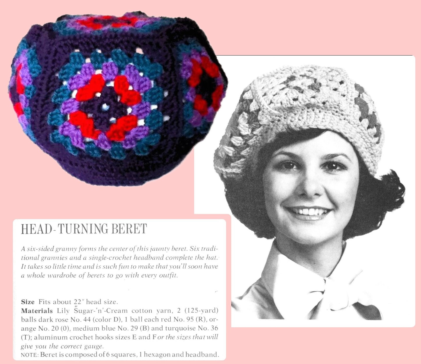 Vintage Crochet Pattern Retro Granny Square Beret Hat PDF Instant Digital Download Groovy Head Turning Beret Tam