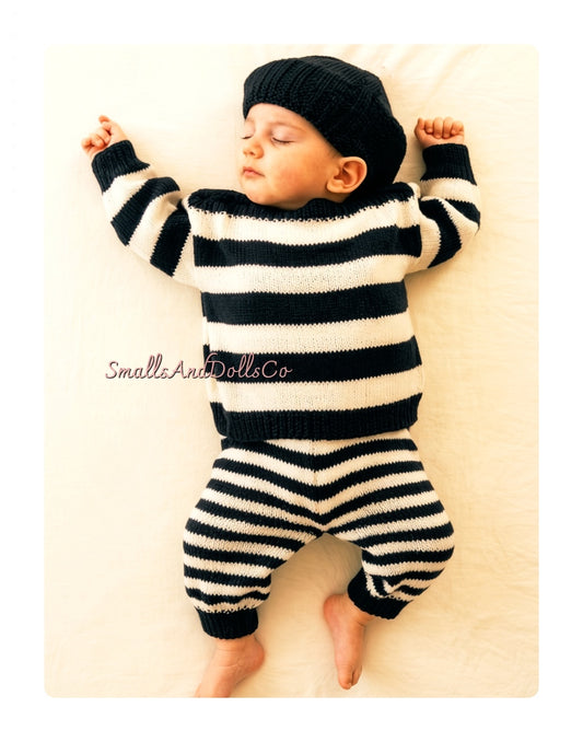 Vintage Knitting Pattern Baby Classic Striped Top Pants Beret Hat Set PDF Instant Digital Download 3m 6m 9m 4 Ply