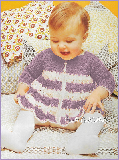 Vintage Crochet Pattern Baby Girl Striped Shell Stitch Matinee Coat Jacket PDF Instant Digital Download Flared Cardi Dress 0-6m months 5 Ply