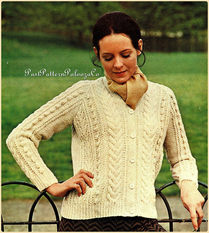 Vintage Knitting Pattern Womens Pretty Cabled V Neck Aran Jacket Cardigan Sweater PDF Instant Digital Download 10 Ply