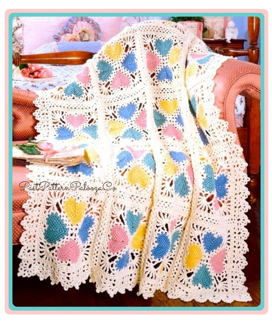 Vintage Crochet Pattern Lacy Heart Granny Squares Afghan PDF Instant Digital Download Linked Valentines Throw Blanket 46x67 10 Ply