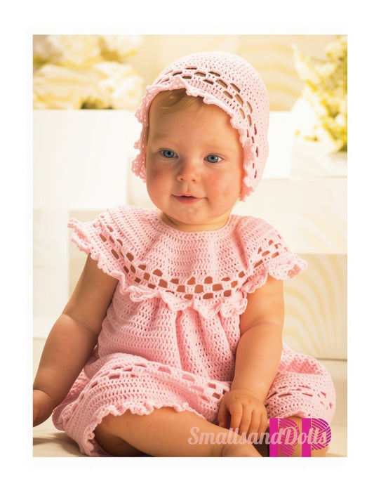Vintage Crochet Pattern Baby Girl Ruffled Yoke Dress and Bonnet Set Lacy Openwork PDF Instant Digital Download Newborn - 18m 3 Ply