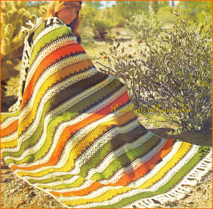 Vintage Knitting Afghan Pattern Tribal Stripes Blanket PDF Instant Digital Download Southwestern Throw Braided Fringe 10 Ply