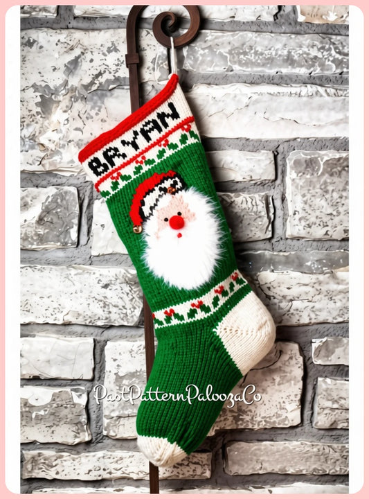 Vintage 19" Santa Face Christmas Stocking Knitting Pattern PDF Instant Digital Download Nostalgic Hanging Stocking Holly Trim Retro 1980s