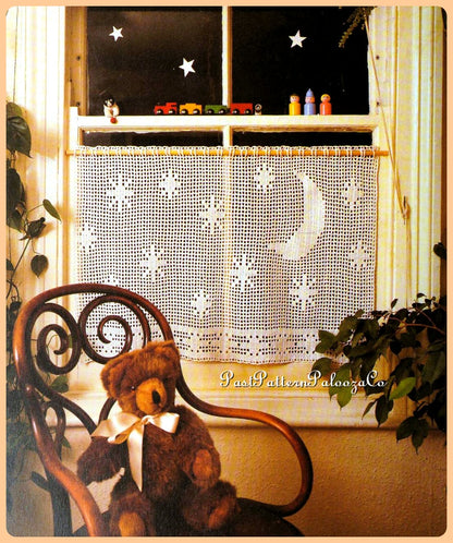 Vintage Filet Crochet Pattern Lace Stars and Moon Window Valance Panel Cafe Curtain PDF Instant Digital Download Starry Celestial Night Sky