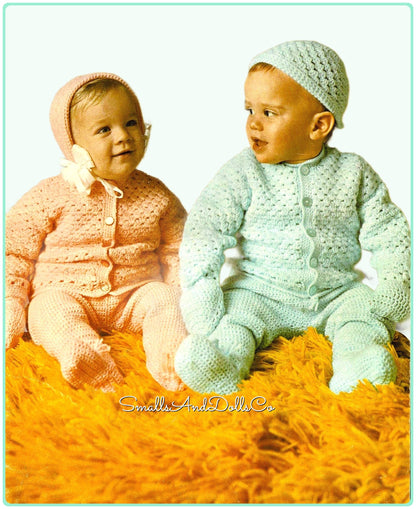 Vintage Crochet Pattern Baby Boy and Girl 4 Piece Legging Set PDF Instant Digital Download Coat Bonnet or Toque Mitts 6-12m 5 Ply