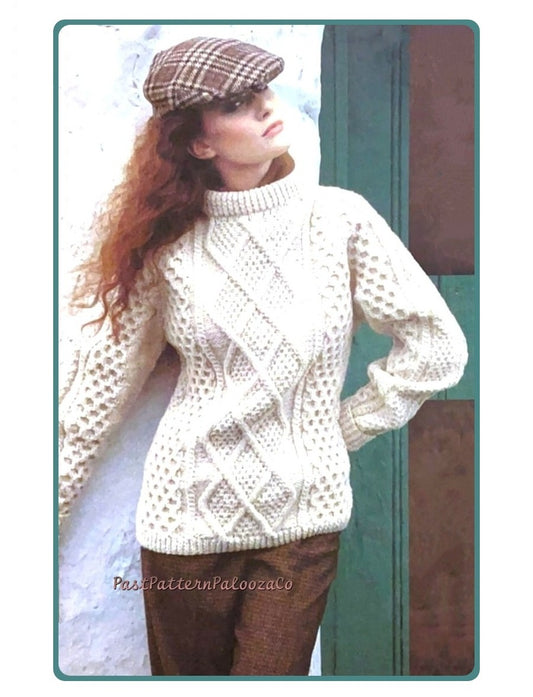 Vintage Knitting Pattern Aran Irish Pullover Sweater PDF Instant Digital Download Trellis Cabled Front Womens Mens