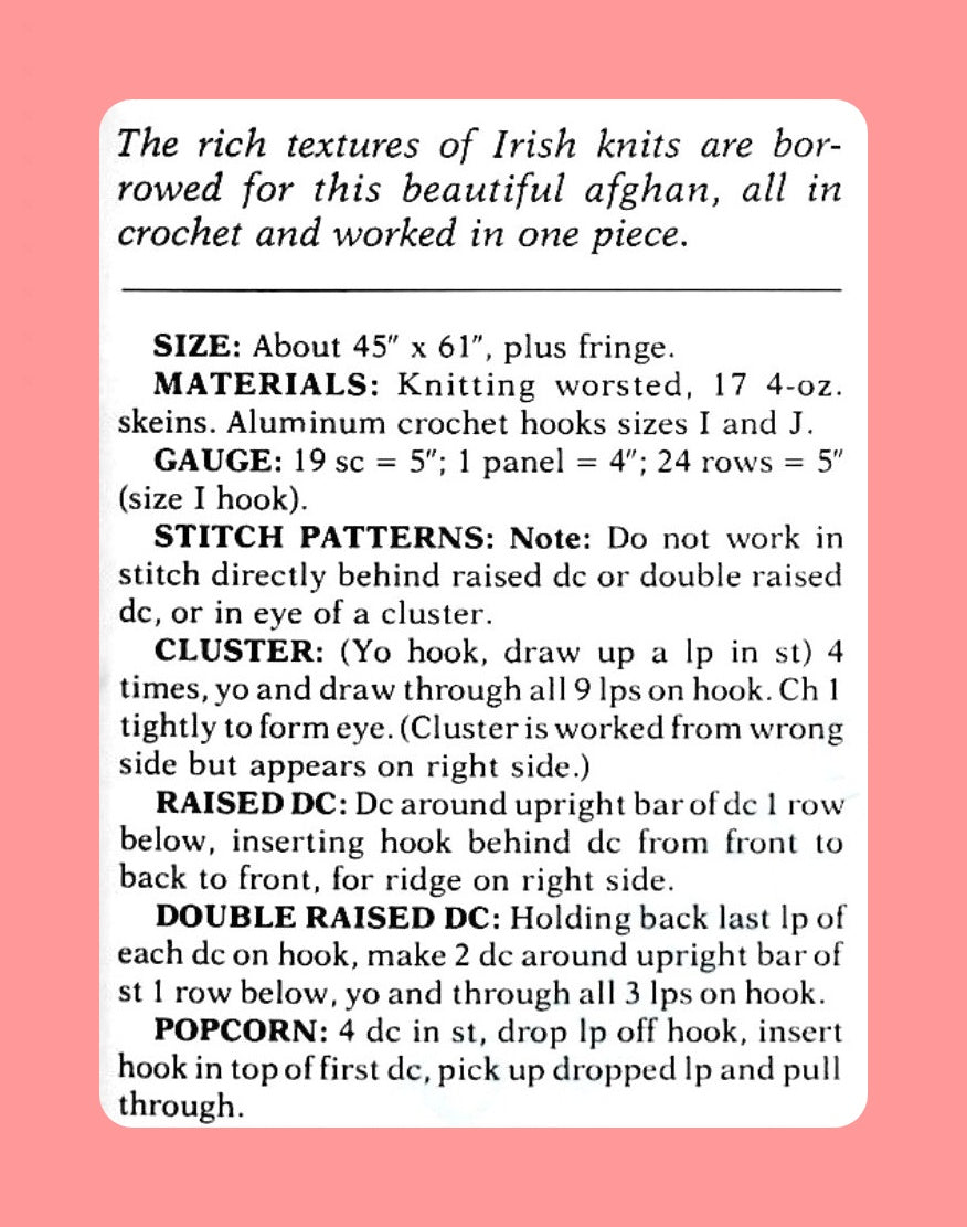 Vintage Crochet Pattern Irish Aran Afghan PDF Instant Digital Download Pretty Blanket 4 Different Stitch Patterns 10 Ply