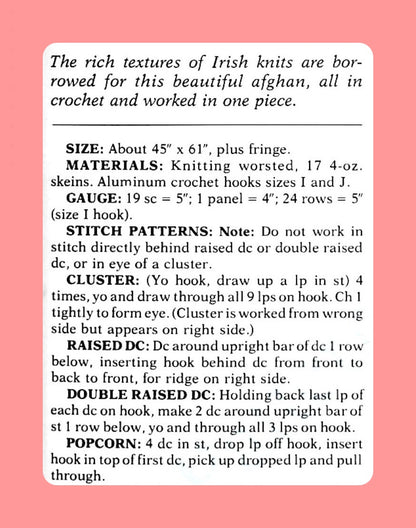 Vintage Crochet Pattern Irish Aran Afghan PDF Instant Digital Download Pretty Blanket 4 Different Stitch Patterns 10 Ply