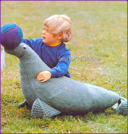 Vintage Knitting Pattern 40" Large Seal Soft Toy Doll PDF Instant Digital Download Playful Stuffed Arctic Animal with Ball DK