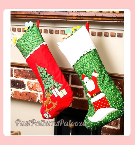 Vintage Calico Appliqued Christmas Stockings Sewing Pattern PDF Instant Digital Download Santa & Tree Designs 20 inch