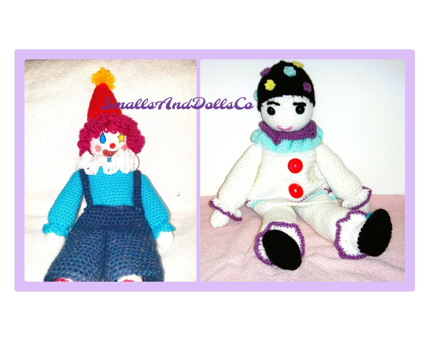 Vintage Crochet Pattern Circus Clown and French Mime Pierrot Clown Dolls PDF Instant Digital Download Two Amigurumi Plush Stuffed Toys 4 Ply