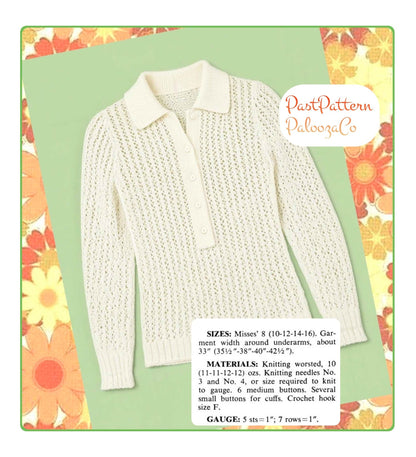 Vintage Knitting Pattern Womens Button Down Boyfriend Shirt PDF Instant Digital Download Lacy White